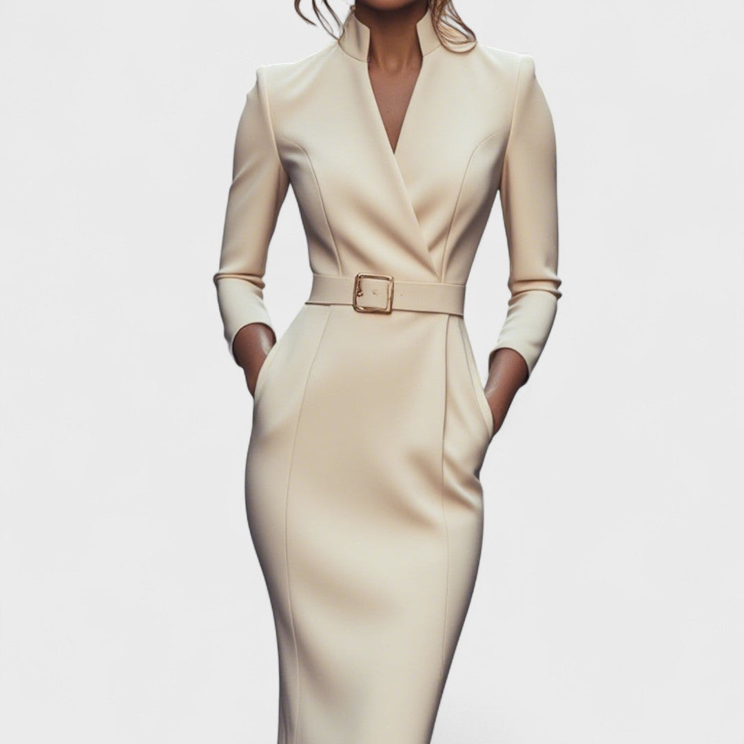 Arden Lane | Elegant Dress with Belt and Stand-Up Collar