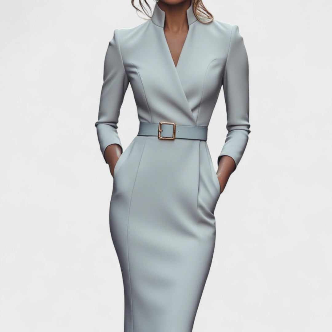 Arden Lane | Elegant Dress with Belt and Stand-Up Collar
